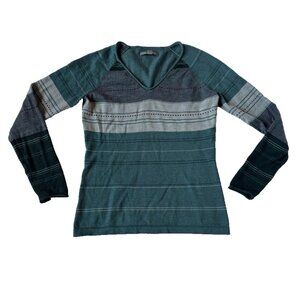 Smartwool Womens S V-neck Stripe Sweater Merino Wool Blend Green Blue Sulawesi